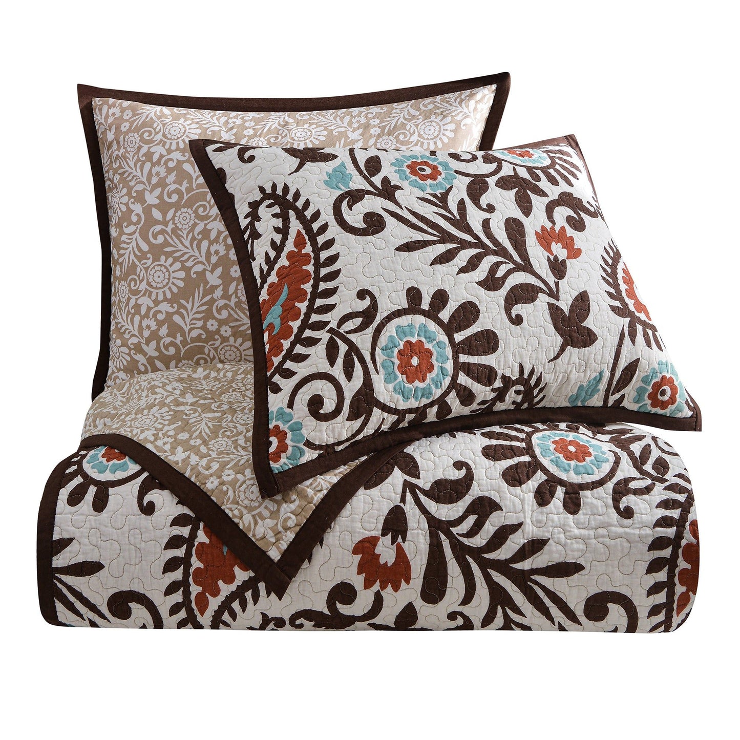 Rebecca - Twin Paisley Reversible Quilt Set (Set of 2) - Turquoise / Brown
