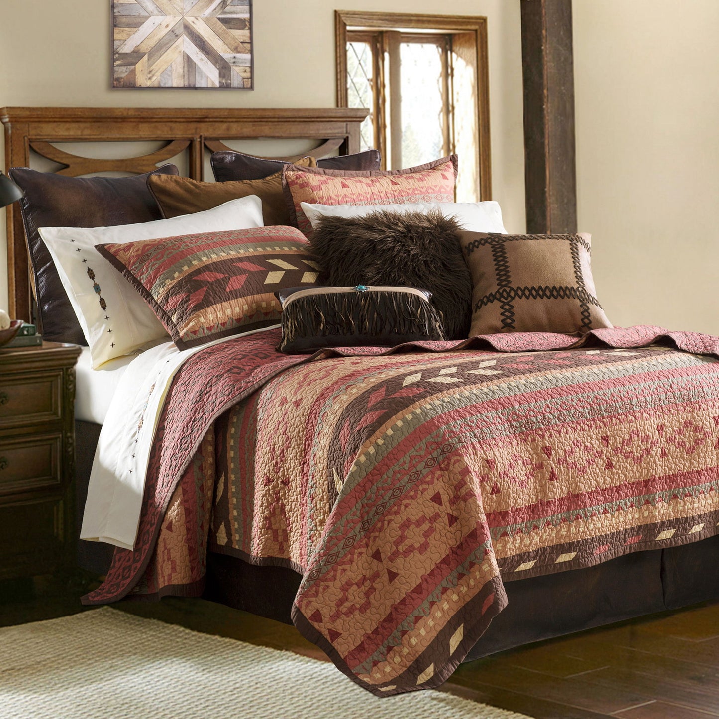 Broken Arrow - Twin Reversible Quilt Set (Set of 2) - Red / Tan / Brown