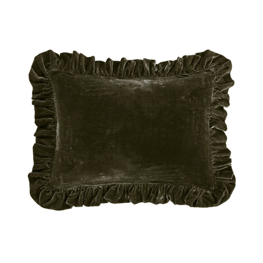 Stella - Faux Silk Velvet Ruffled Oblong Pillow - Fern Green