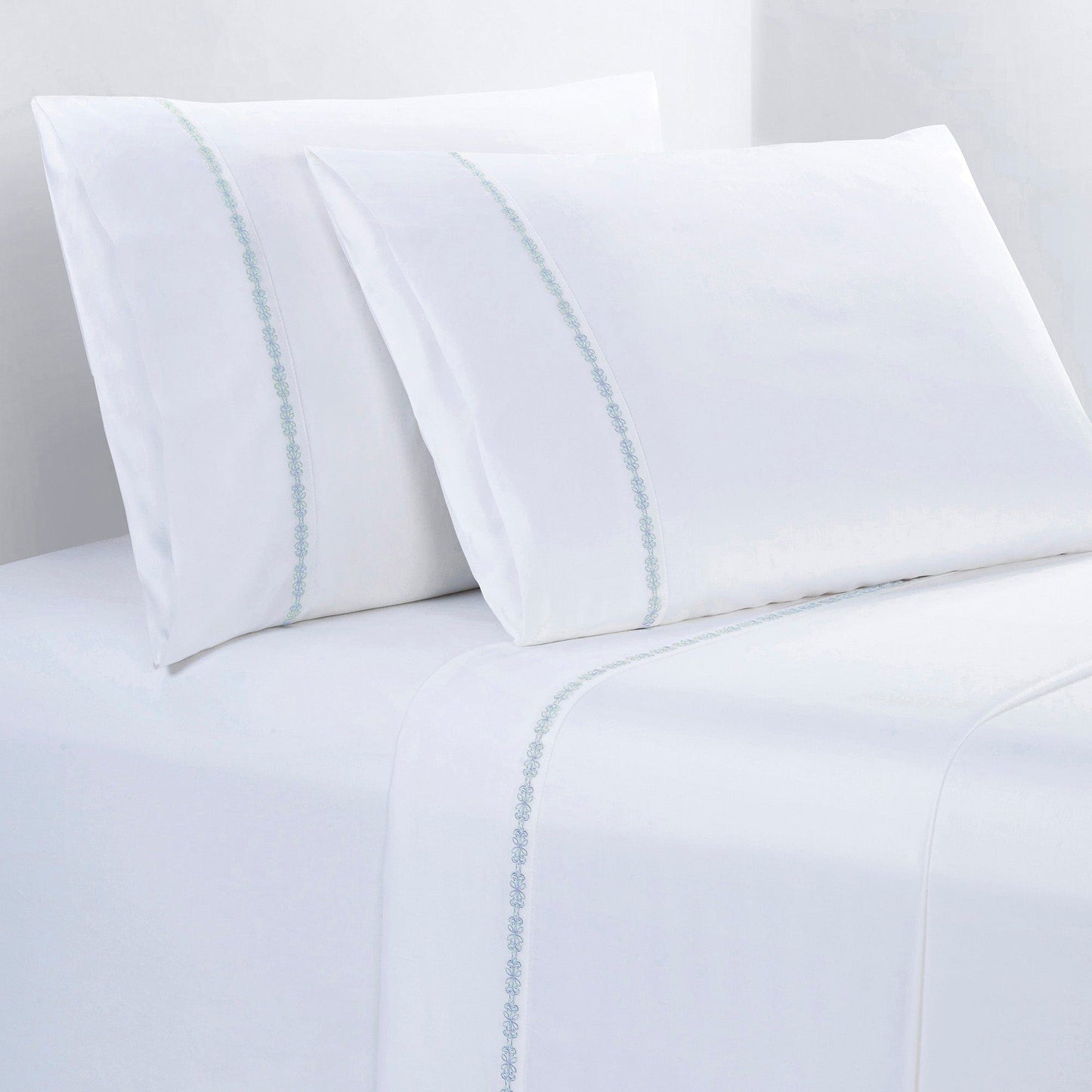 Laurel Sheet - Queen 350TC Laurel Embroidered Border Sheet Set (Set of 4) - Light Blue
