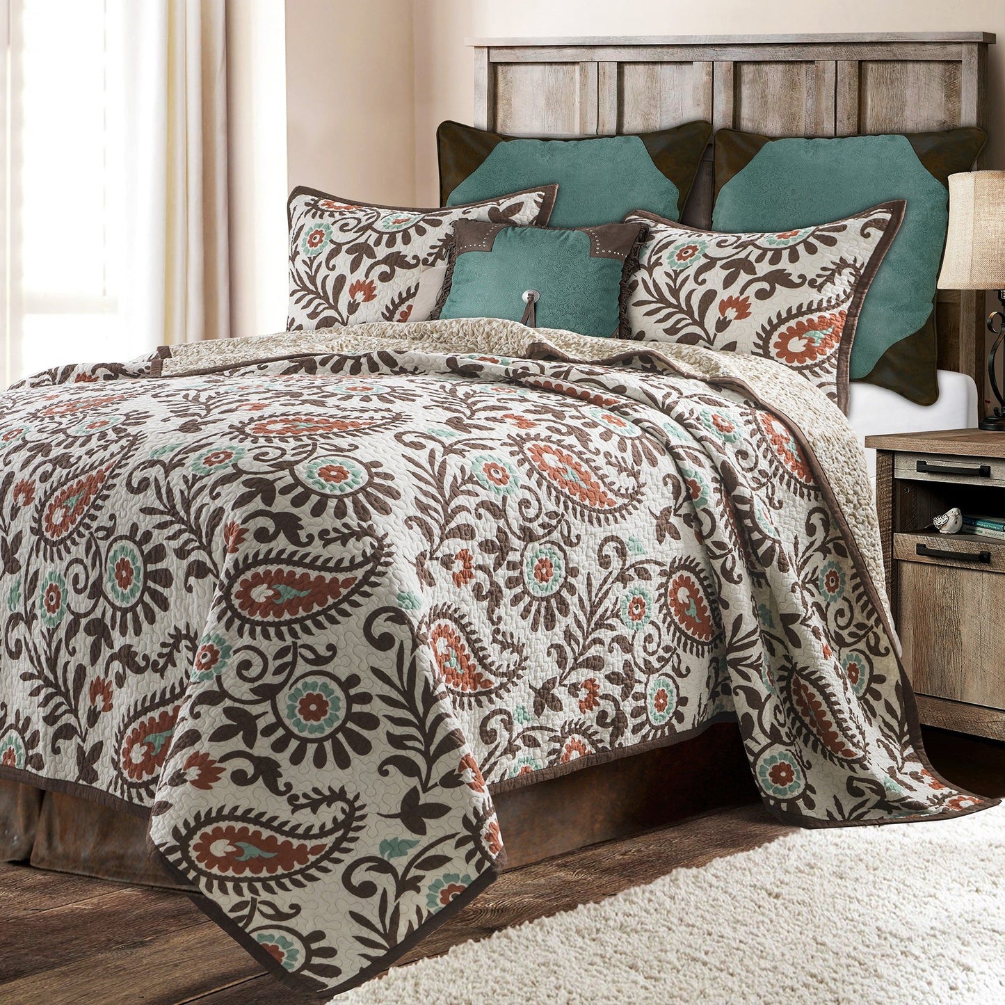Rebecca - Twin Paisley Reversible Quilt Set (Set of 2) - Turquoise / Brown
