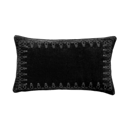 Stella - Faux Silk Velvet Embroidered Lumbar Pillow - Black