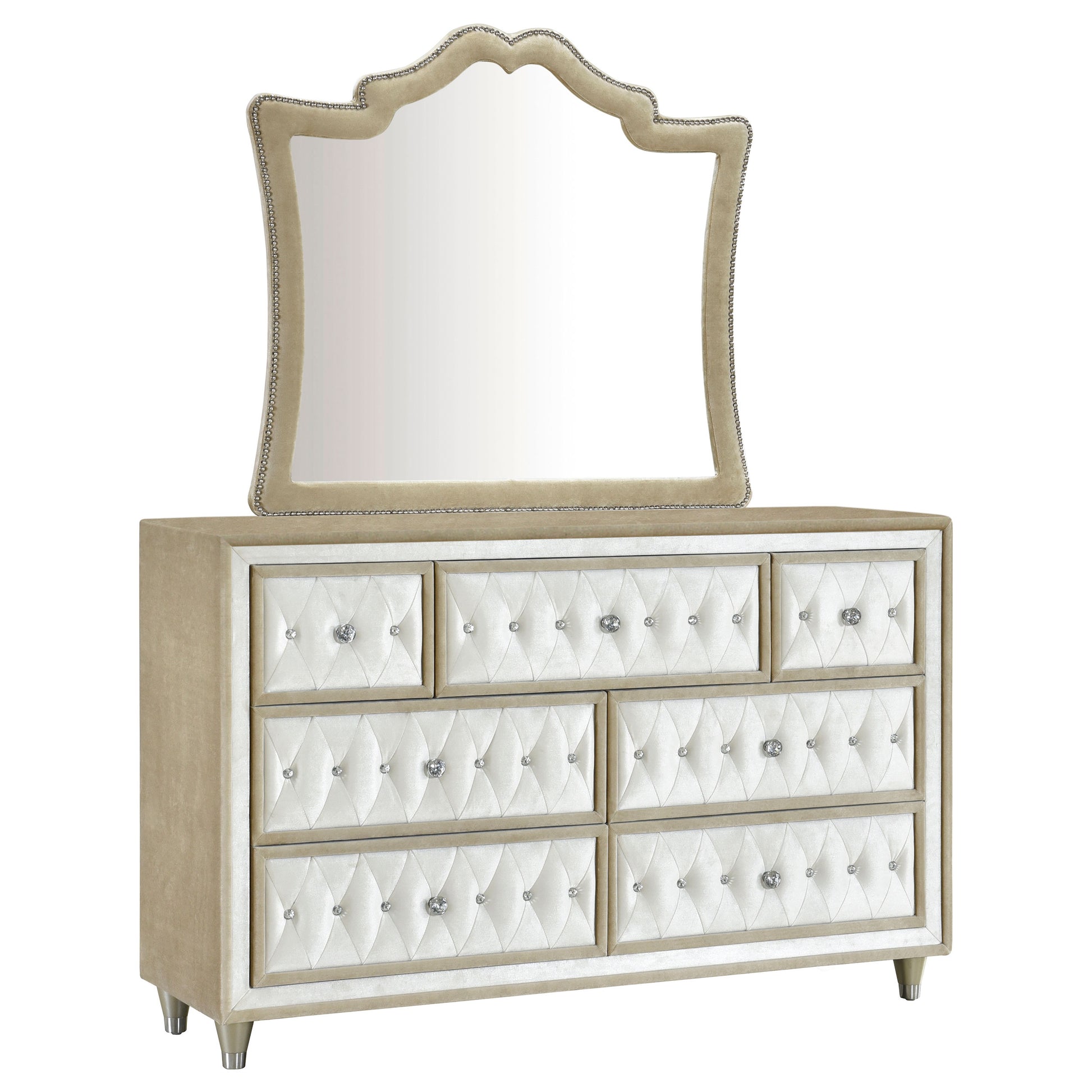 Antonella 7-drawer Upholstered Dresser with Mirror Ivory Charlotte's Furniture and Fashion Antonella 7-drawer Upholstered Dresser with Mirror Ivory Charlotte's Furniture and Fashion