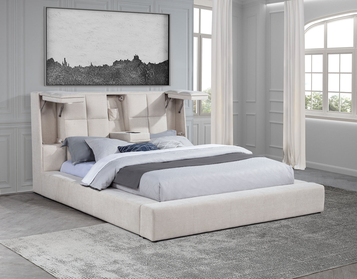 Dreux Upholstered California King Panel Platform Bed Cream