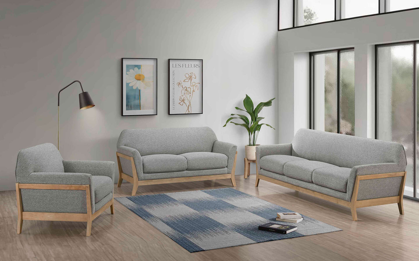 Vaughn 3-piece Fabric Upholstered Flared Arm Sofa Set Grey