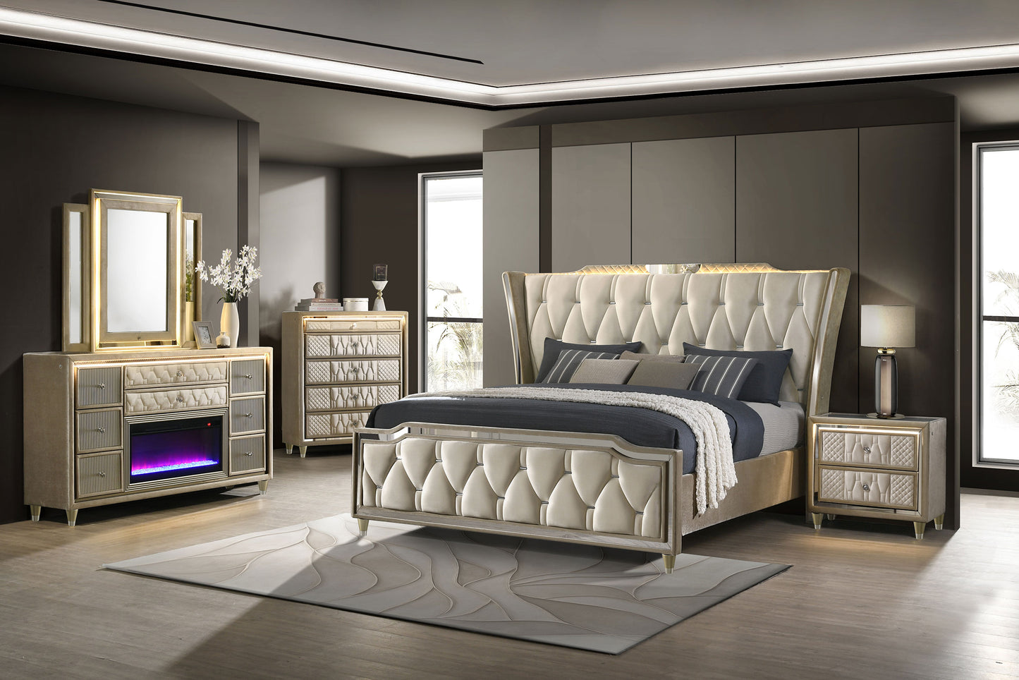 Lorient 8-drawer LED Dresser with Mirror Ivory and Camel