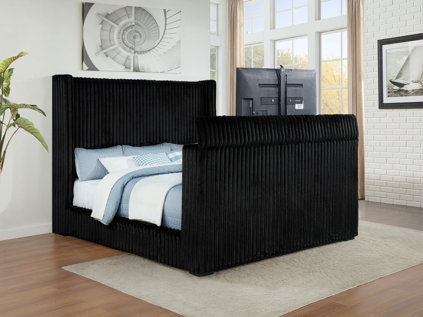 Centergrove Upholstered California King Wingback TV Bed Black
