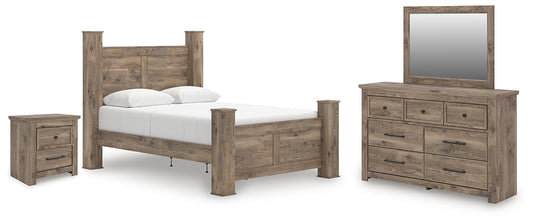 Rusticott Queen Poster Bed with Mirrored Dresser and Nightstand