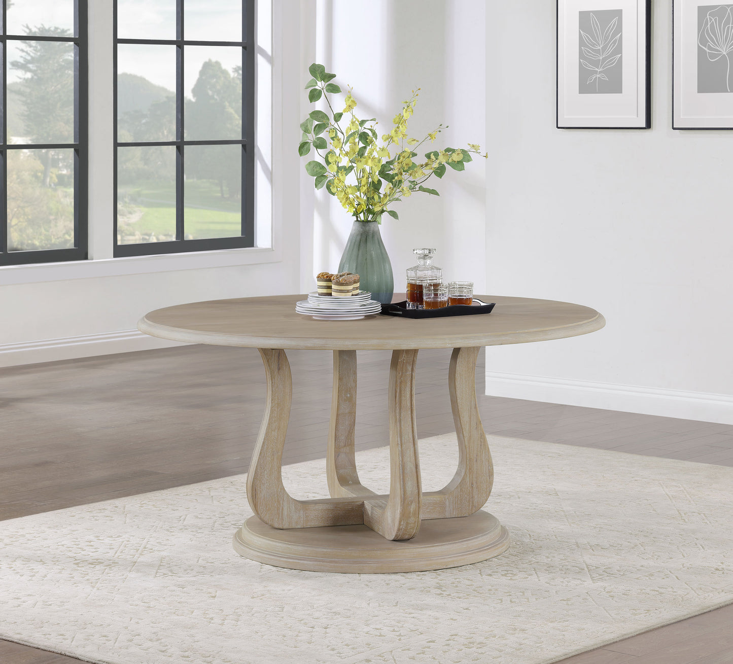 Trofello 60-inch Round Sculptural Pedestal Dining Table White Washed