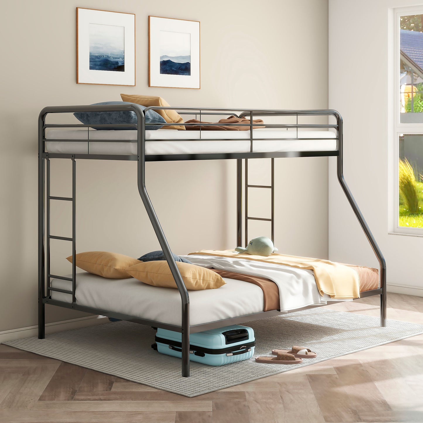 Carson Twin-Over-Full Steel Bunk Bed with Dual Ladders Glossy Black