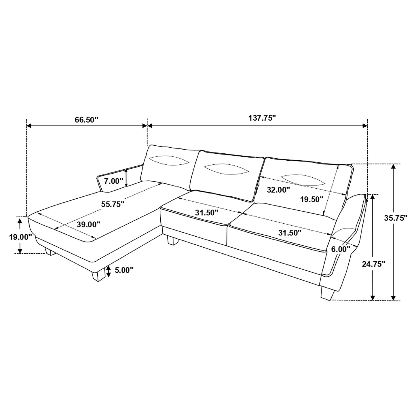 Caspian Upholstered Curved Arm Chaise Sectional Sofa Grey