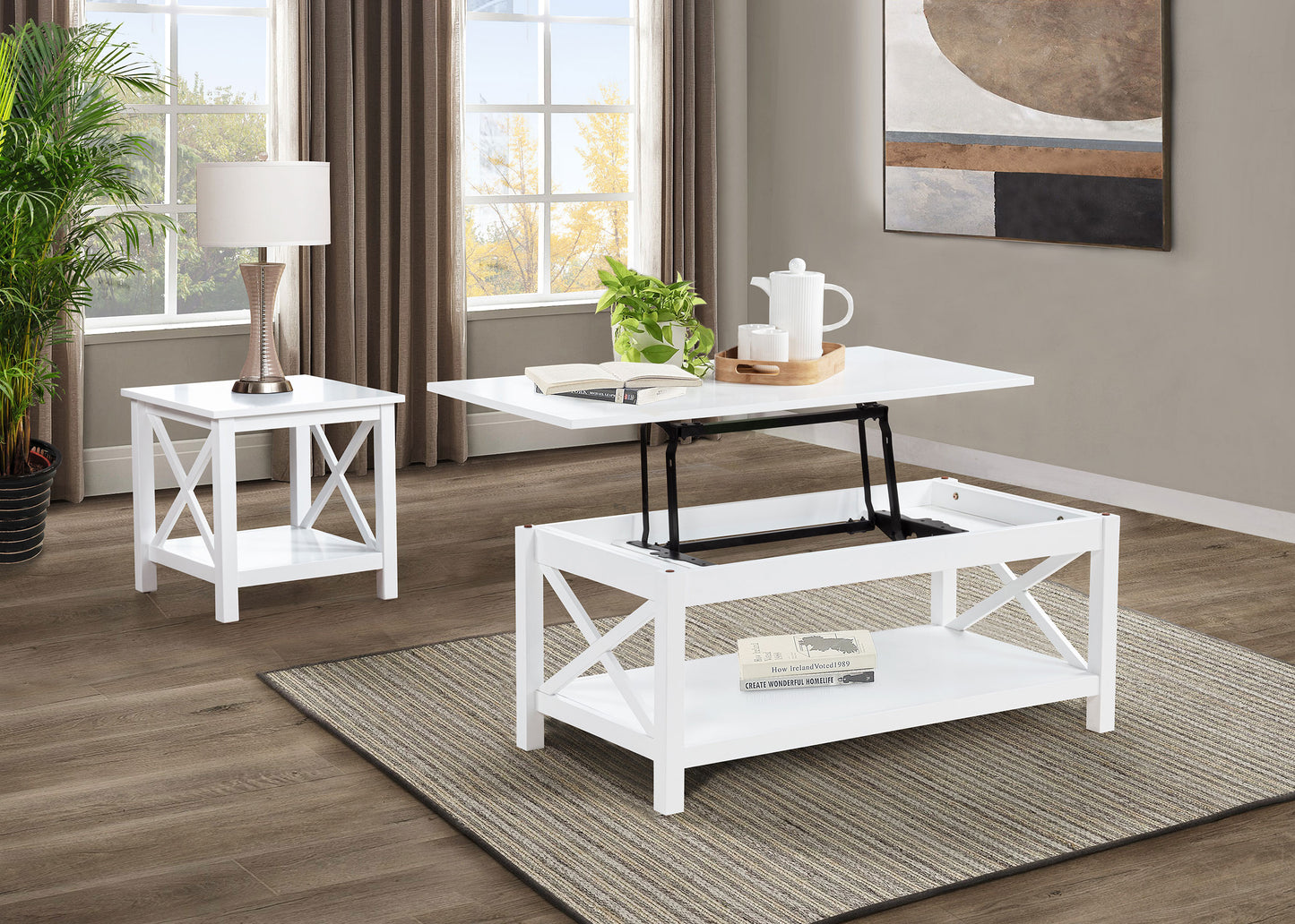 Skyview Square Pine Wood Side End Table with Shelf White