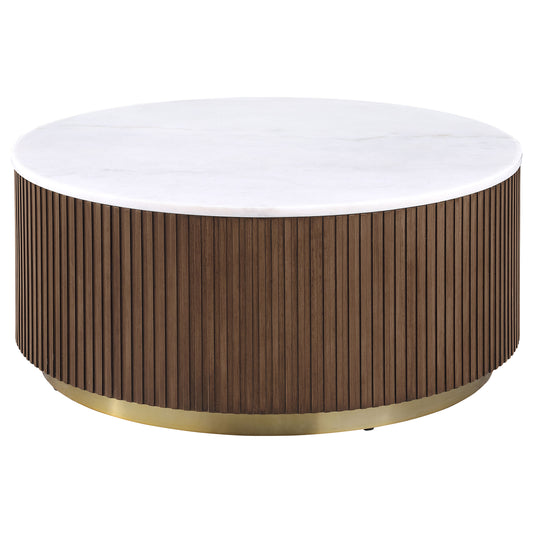 Jason Round White Marble Top Coffee Table Honey Brown