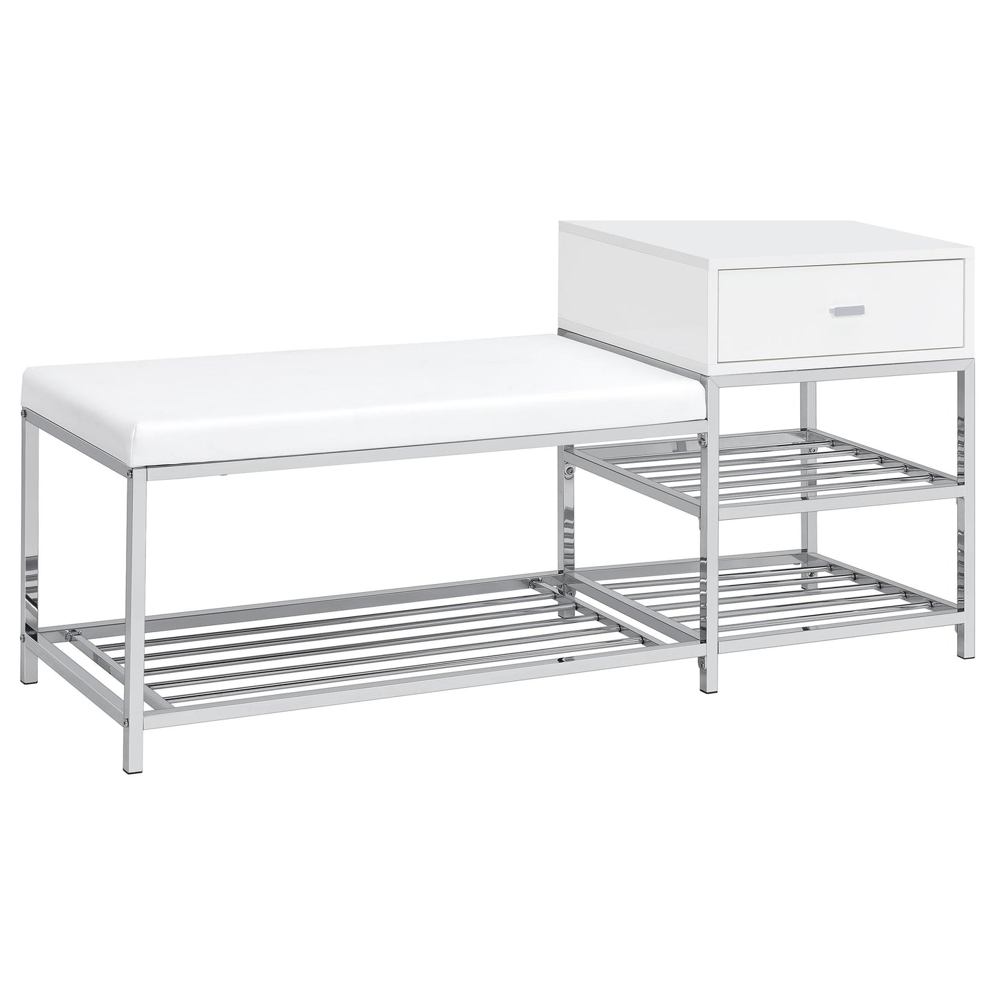 Siega 1-Drawer Shoe Storage Entryway Bench White High Gloss and Chrome