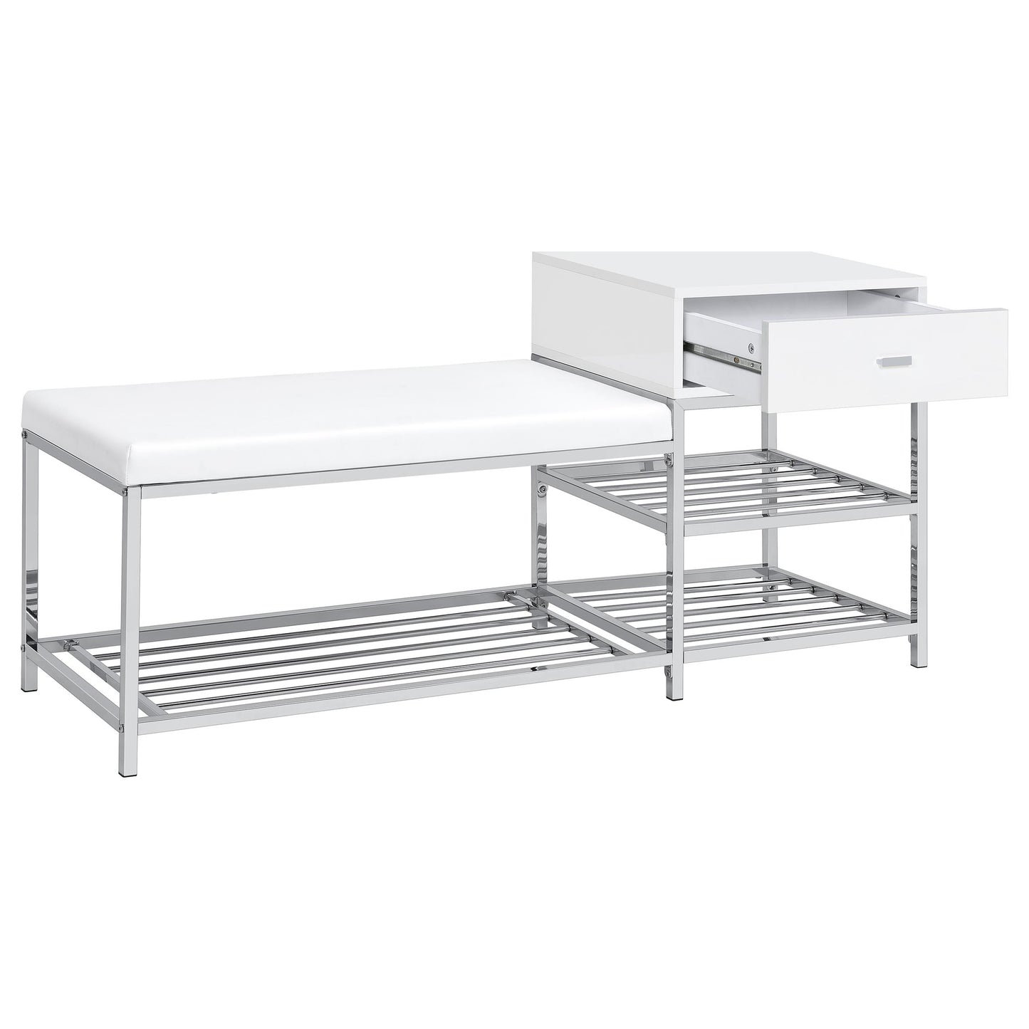 Siega 1-Drawer Shoe Storage Entryway Bench White High Gloss and Chrome