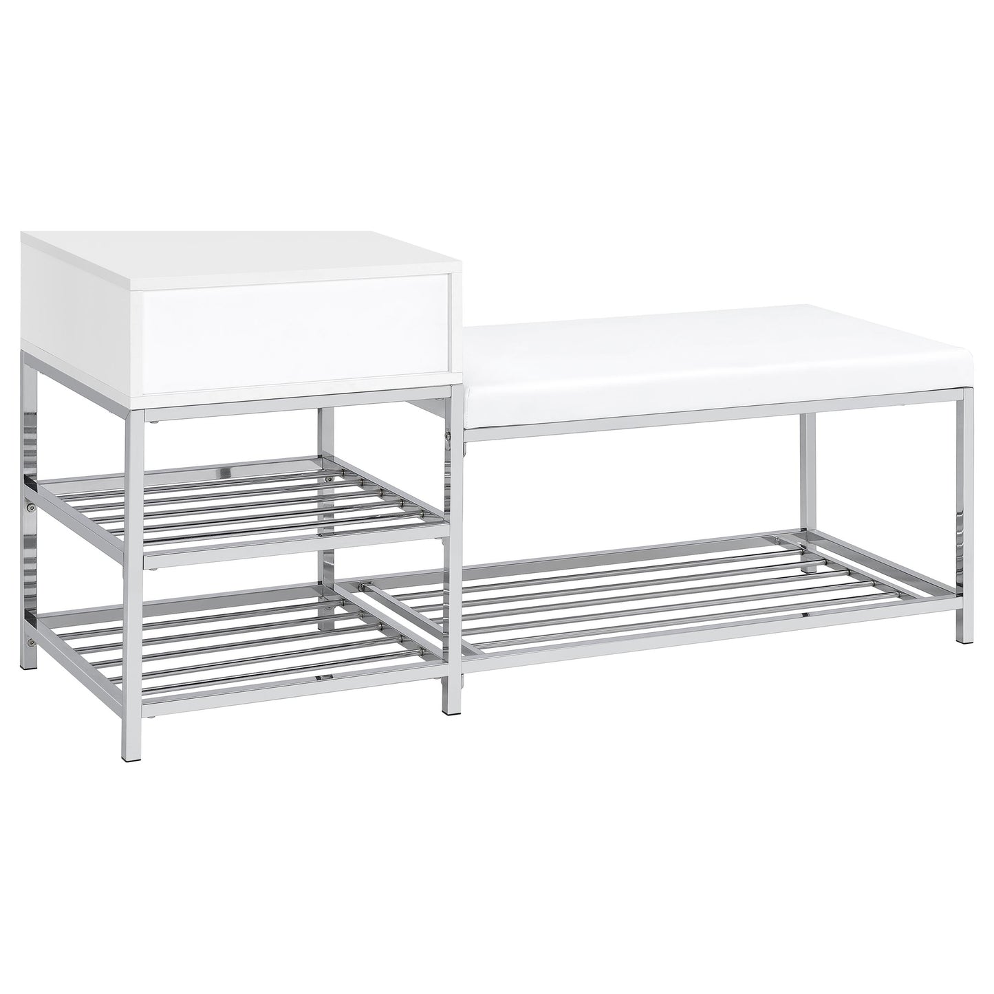 Siega 1-Drawer Shoe Storage Entryway Bench White High Gloss and Chrome