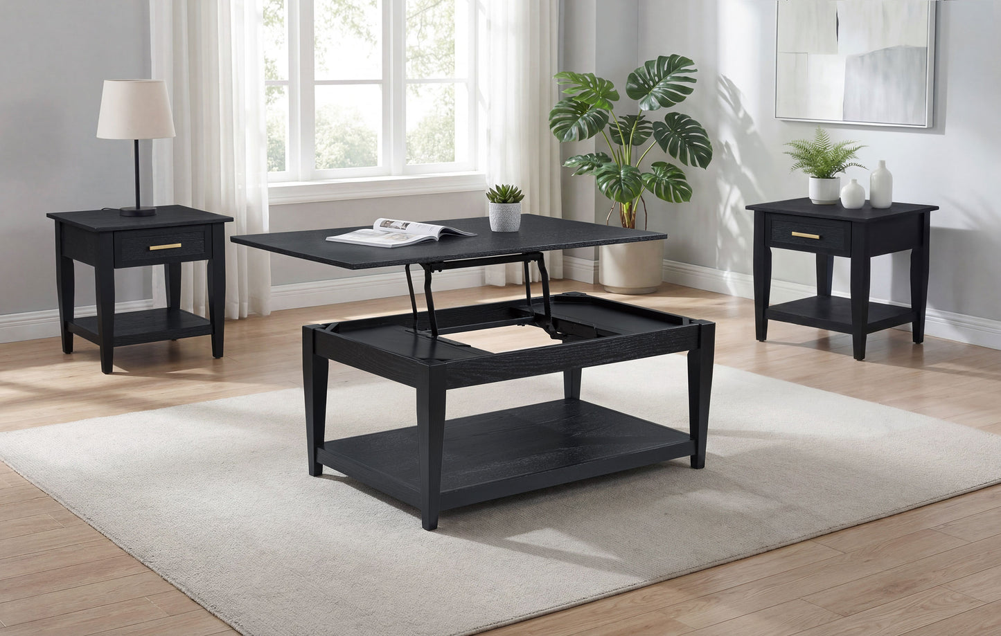 Lindenton 3-piece Wood Lift-Top Coffee and End Table Set Black