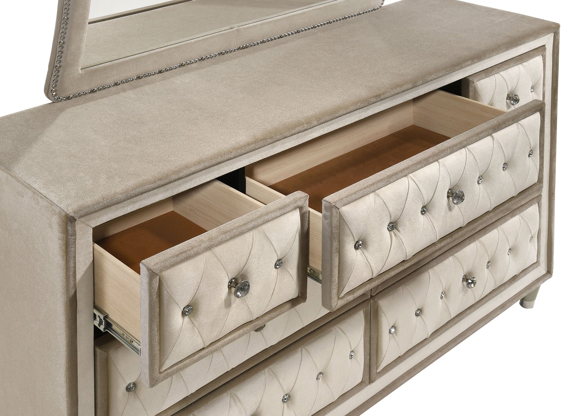 Antonella 7-drawer Upholstered Dresser with Mirror Ivory – Charlotte's Furniture and Fashion