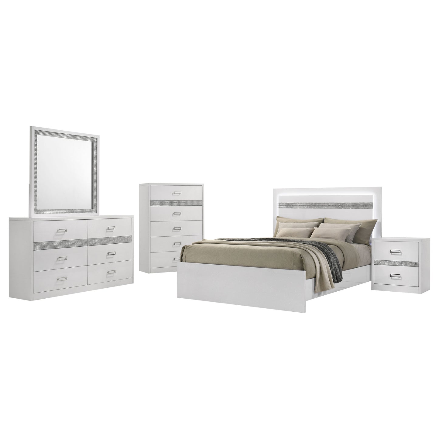 Viana 5-Piece Touch-Control LED Queen Bedroom Set White High Gloss