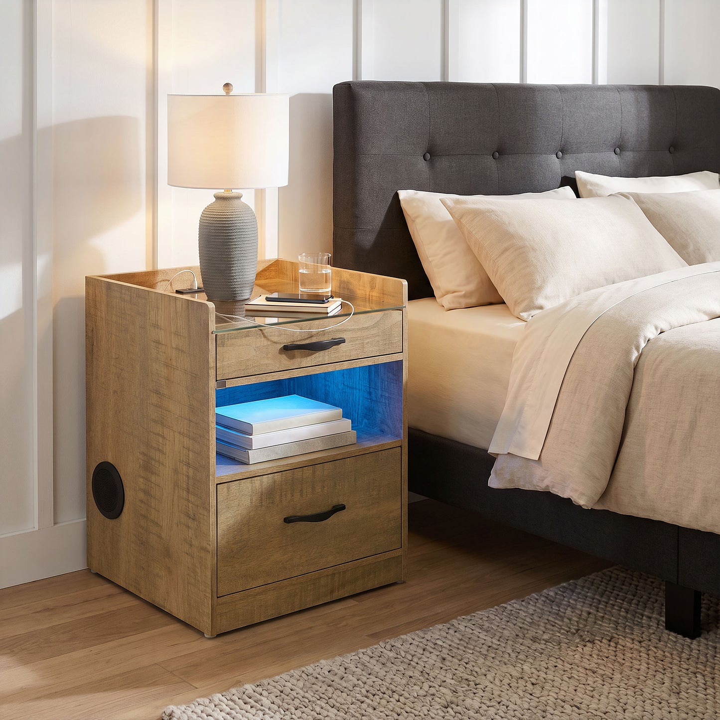 Furda 2-drawer LED Nightstand Bedside Table with Speaker Mango