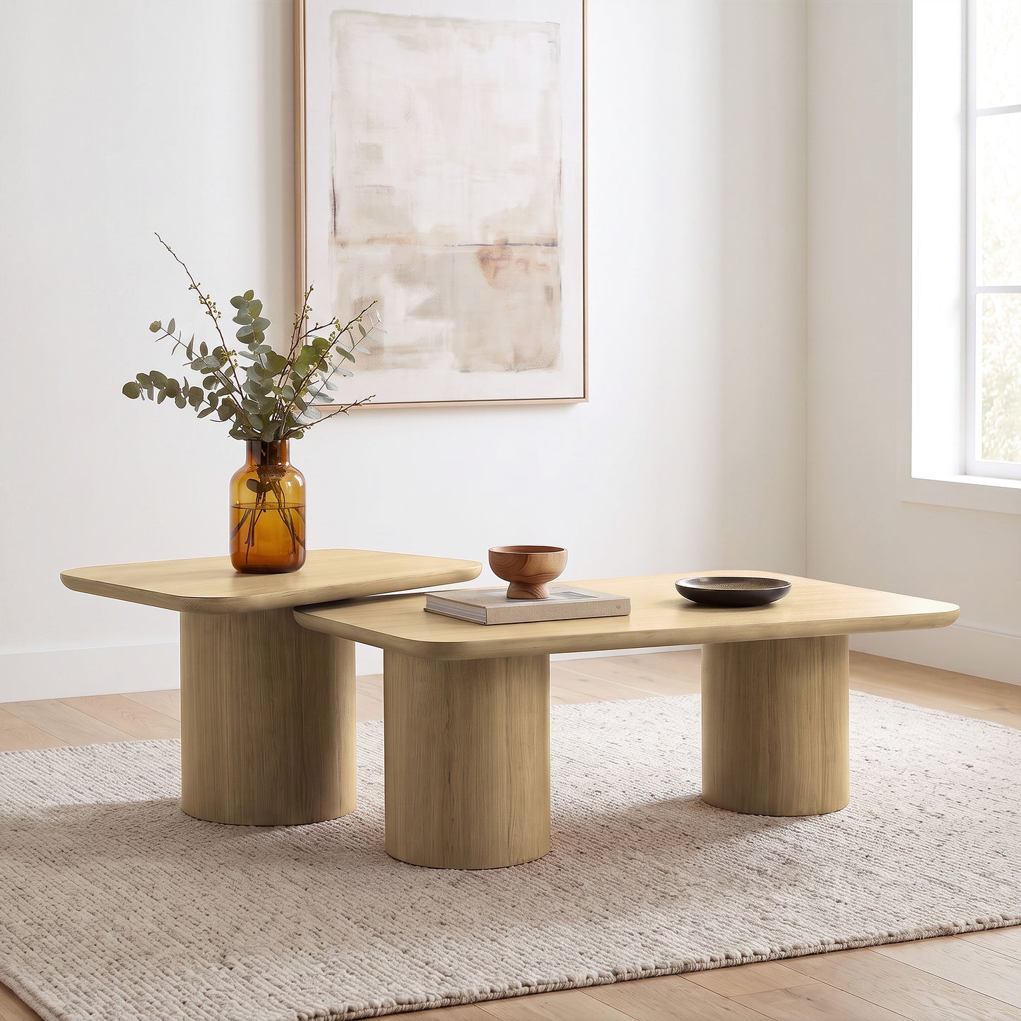 Lester 2-Piece Rounded Pedestal Nesting Coffee Table Set Honey Oak