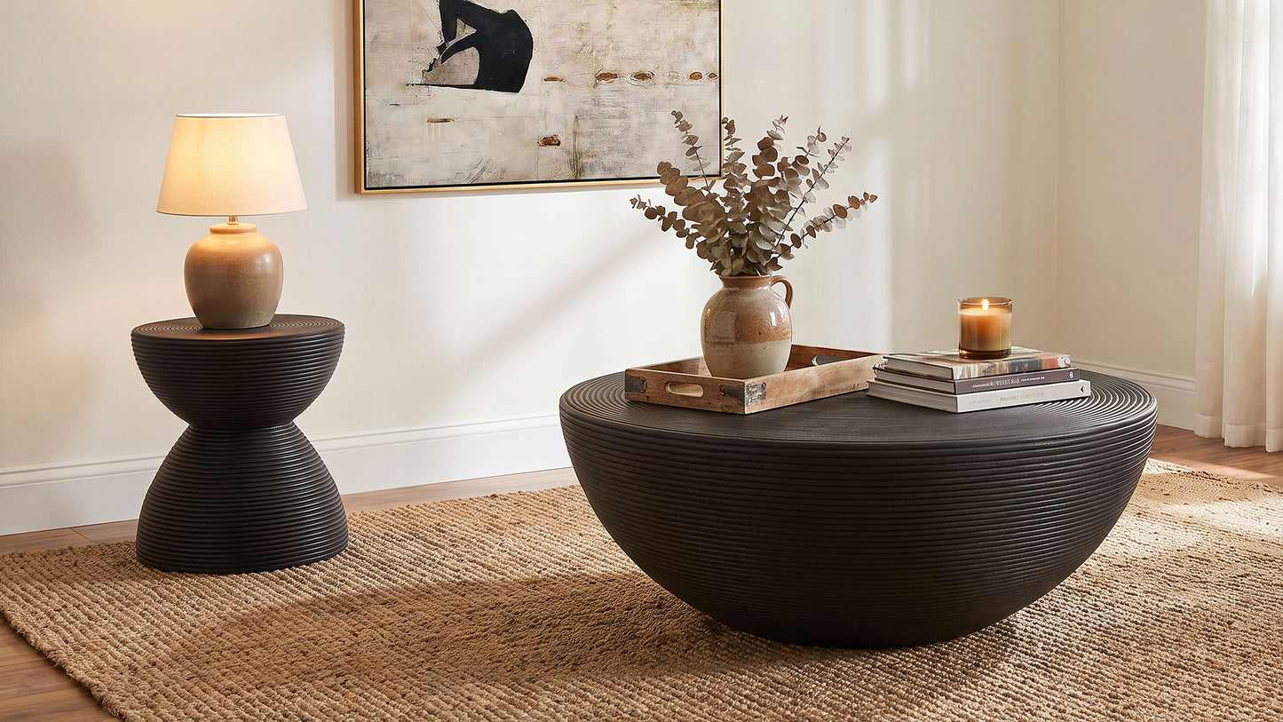 Macedo Round Ribbed Rattan Drum Coffee Table Black