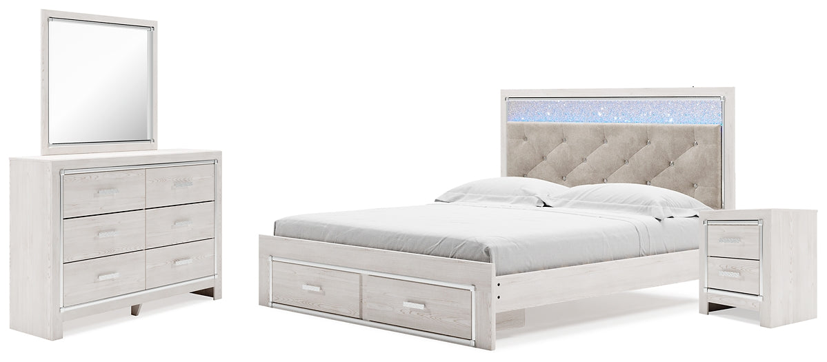 Altyra King Upholstered Storage Bed with Mirrored Dresser and Nightstand