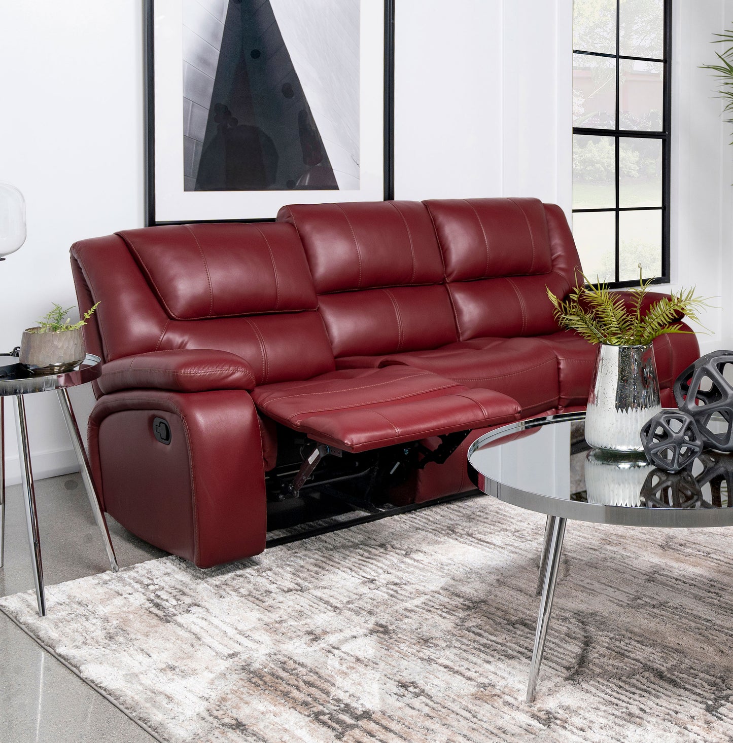Camila Upholstered Motion Reclining Sofa Red Faux Leather