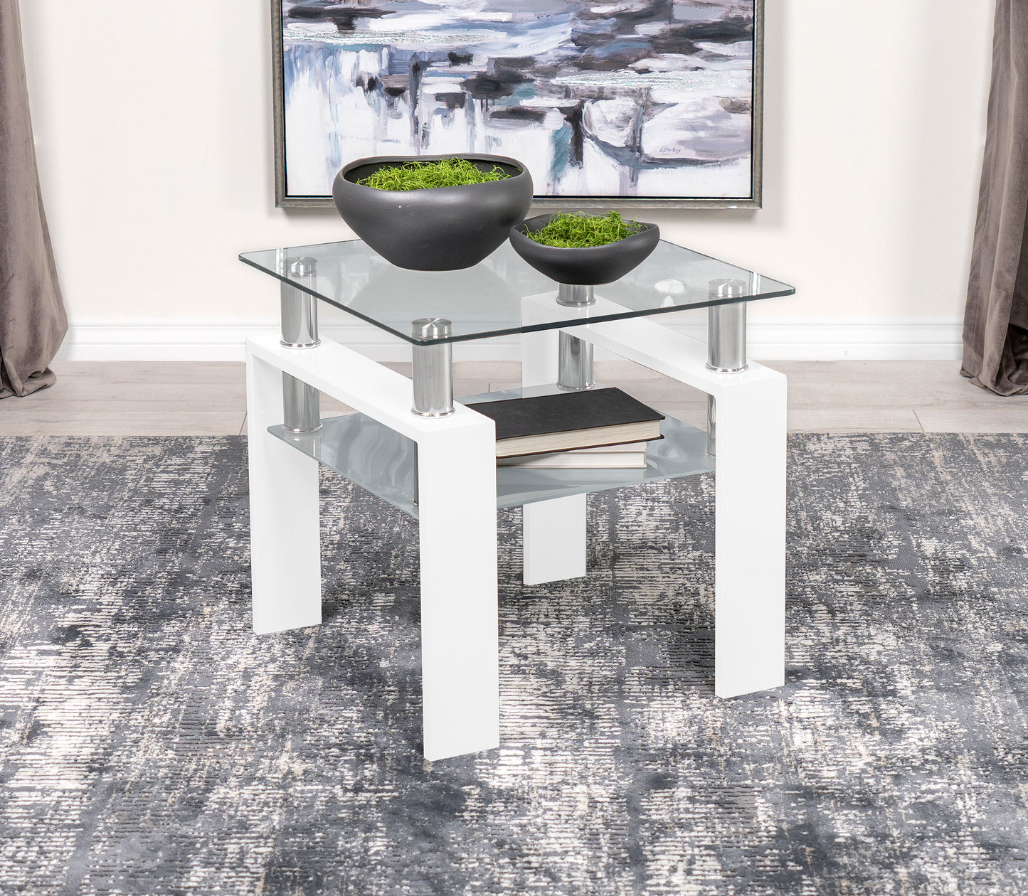 Dyer Square Glass Top End Table With Shelf White